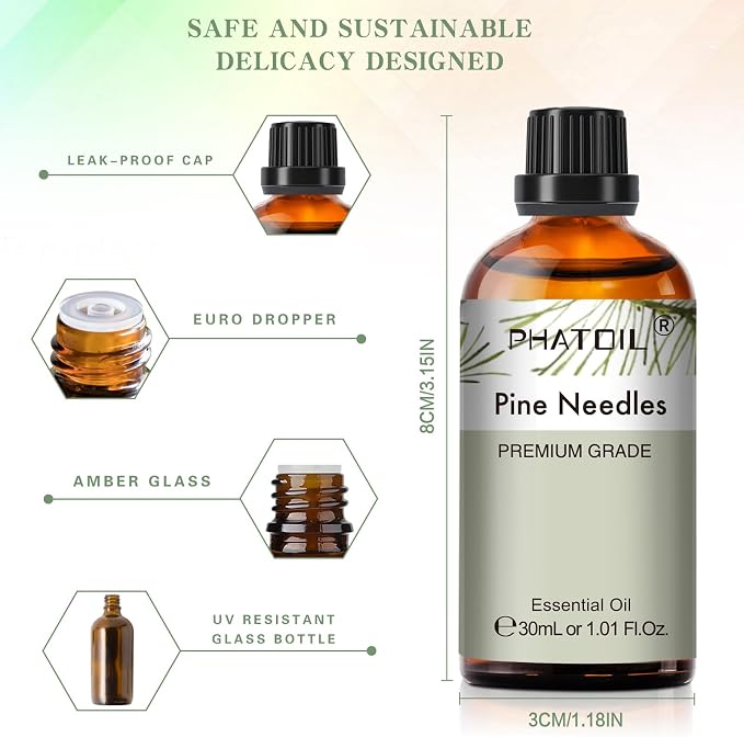 Pine Needles Essential Oil, 1.01Fl.Oz (30ML) PHATOIL Pure Essential Oil Singles for Aromatherapy Diffusers, Humidifiers, Great for DIY Candle and Soap Making, Gift for Friend