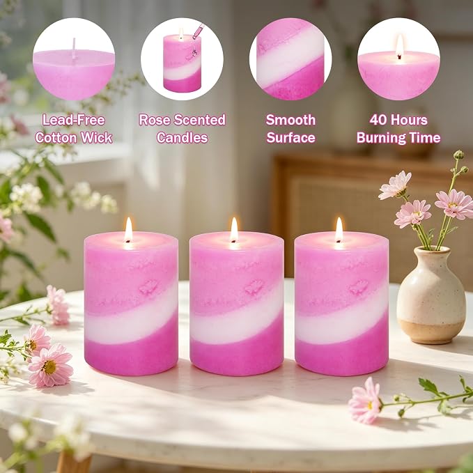 Crystal Club Rose Scented Candles Set of 3, 3x4 Inch Pillar Candle, 40+ Hours Long Burning Pink Scented Pillar Candle, Hand-Poured Paraffin Wax with 100% Cotton Wick Smokeless for Home Decor