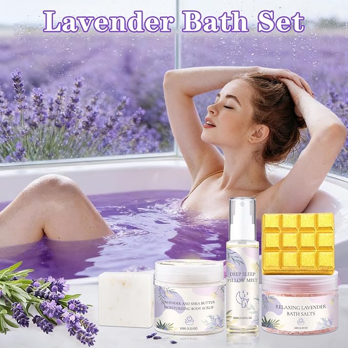 Roseye Lavender Spa Gift Set- 5pcs with Bath Salts, Shea Butter Scrub, Pillow Mist, Soap & Bath Bomb, Relaxing Birthday Christmas Gifts for Women, Mom, Sister, Girlfriend, Home Spa Care