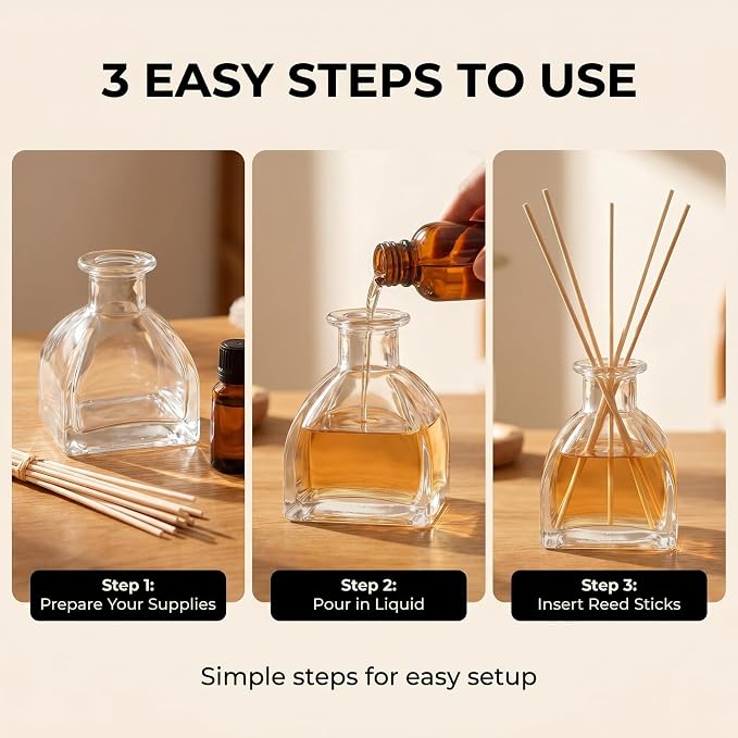 150ml/5oz Clear Glass Diffuser Bottles Square Refillable Essential Oil Jars DIY Fragrance Storage for Home Office Decor Crafts