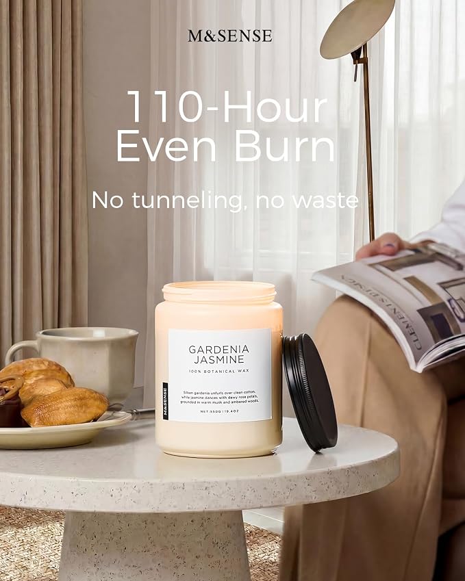 M&SENSE Large Gardenia Jasmine Scented Candles, 19.4oz Natural Soy Wax, 110 Hours Long Lasting Slow Burning, Non Toxic Clean Burn, Spring Floral Scent Aromatherapy Candle for Her
