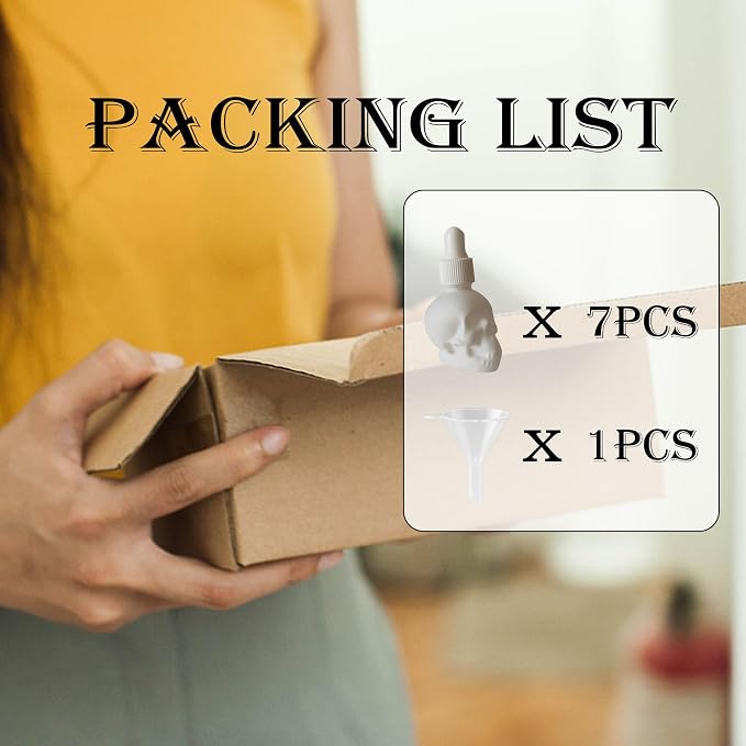 7 pcs Set 10ml Mini Skull Glass Dropper Bottle Leakproof Essential Oils Bottle for Storage and Travel (7pcs white skull bottle)