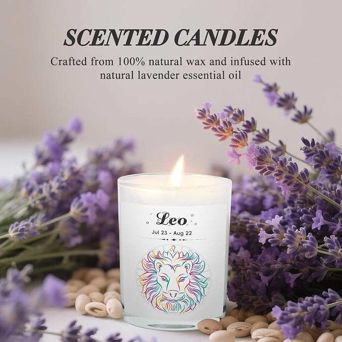 Leo Gifts for Women, Zodiac Leo Candle with Healing Crystals, Astrology Birthday Gifts for Womenr, Mom, Sister, Friends, Meditation, Yoga, Relaxation (7oz)