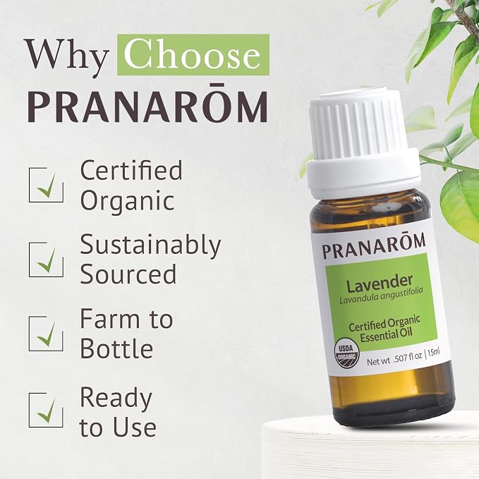 Pranarom USDA Certified Organic Lavender Essential Oil (15ml), 100% Pure Undiluted Therapeutic Grade from French Alps for Aromatherapy, Diffuser, Healthy Skin & Hair, Massage, Relaxation