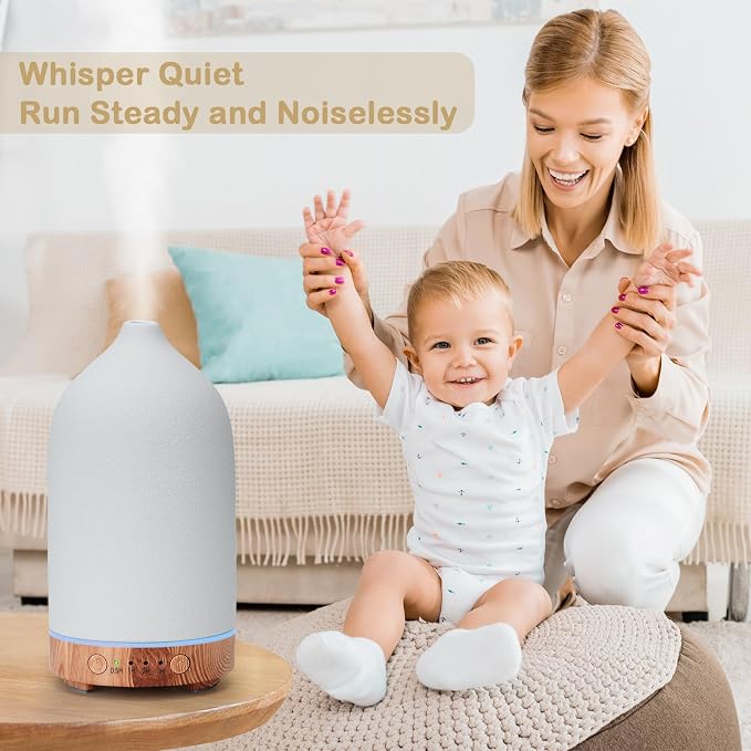 Diffuserlove Ceramic Essential Oil Diffuser 160ML Aromatherapy Diffuser for Home Bedroom Room Cool Mist Humidifier Stone Air Diffusers with Yellow Wood Pattern Base (Size:6.8" H x 3.6" W)