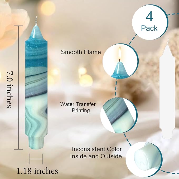 7 inch Short Candle Blue Quicksand Print Candle 4 Pack Handmade Unscented Taper Candles Printed Candlestick Smokeless Tapered Candles for Home Dinner Wedding Holiday