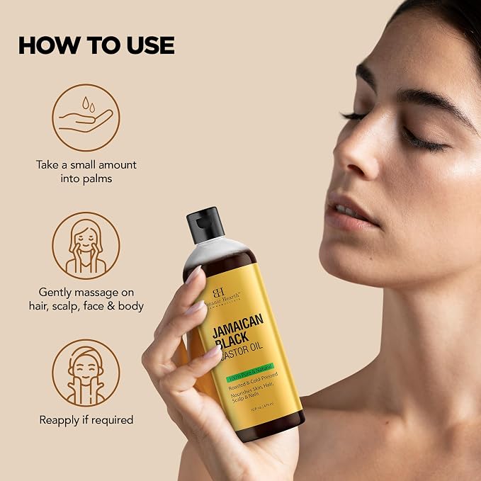 Botanic Hearth Jamican Castor Oil 8 Fl Oz| 100% Pure & Natural, Cold Pressed |For Hair, Eyelashes & Eyebrows | Hexane Free, Fast Absorbing | with Massage Roller Ball