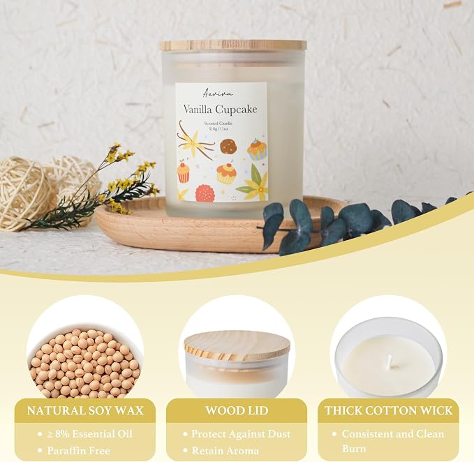 Vanilla Cupcake Scented Candle, 11oz 60 Hour Burn, Natural Soy Wax with Thick Cotton Wick, Highly Scented Aromatherapy Candle for Stress Relief & Meditation, Gifts for Women & Men