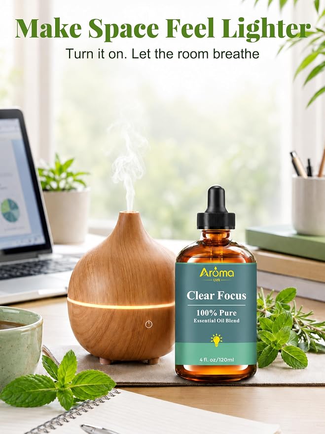 Clear Focus — A 100% Pure Essential Oil Blend, Cool-Citrus Herbal Blend that Keeps The Mood Alert and Focused, Fresh—Never Tense, Essential Oils for Diffusers for Home