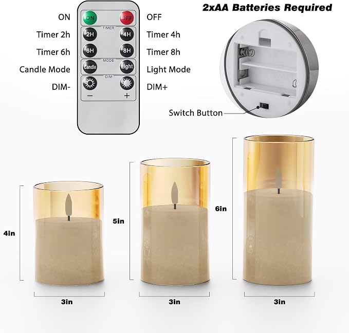 VIODAIM Ice Crystal Real Wax Glass Flameless Candles with Remote & Timer, Battery Operated Candles with Warm Flickering Flame, Realistic LED Candle for Wedding Home Decor [D3×H4/5"/6"] Gold, 3Pack