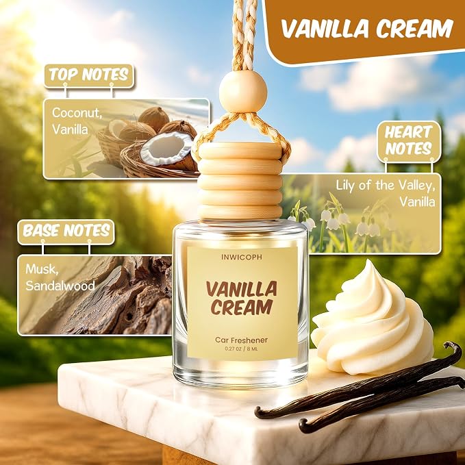 Premium Car Air Freshener Diffuser Set (2 Pack) - Vanilla Cream Fragrance Oil, 45+ Day Long-Lasting Hanging Auto Freshener