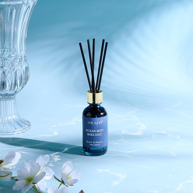 Airkeep Reed Diffuser Set, 3.38 fl oz (100 ml) - Ocean Mist&Sea Salt Oil Diffusers with 8 Reed Sticks, Home Fragrance Reed Diffuser for Bathroom Shelf Decor