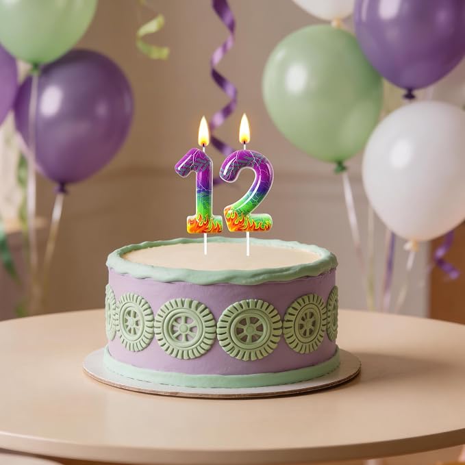 Number 2 Birthday Candle for Cake – Purple Green Flame Design with Lightning & Tire Track Pattern – Off-Road Truck Theme Cake Topper for Birthday Party Decoration