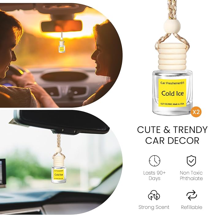 Hanging Car Air Freshener, Long Lasting Scent, Cute Air Fresheners for Women, 2 Pack Non-Toxic Essential Oil Diffuser, Made in USA