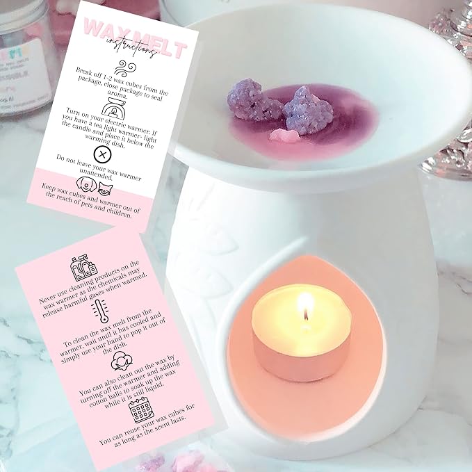 Wax Melt Care Instruction Cards | 50 Pack | 2x3.5” Business Card Wax Melt Supplies Homemade Customer thank you for Warmer Minimalist White and Pink How To Care for wax cube clamshell wickless candle