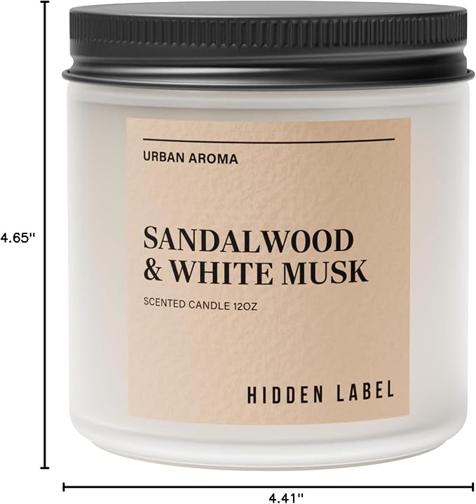 Hidden Label Sandalwood White Musk Soy Candle, 12oz 2-Wick, 70H Zen Calm | Non-Toxic Vegan Soy Wax | Sandalwood & White Musk Grounding Scent | Even Melt No Tunneling | Yoga Meditation Relaxation Gift