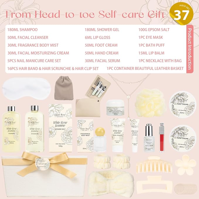 37 Pcs Bath Spa Gifts for Women, Mothers Day Gifts, WHITE ROSE JASMINE Bath & Body Gift Basket, Face Skin Care Kit, Home Spa Gift Set, Self-Care Kit, Necklace, Birthday, Christmas, Anniversary