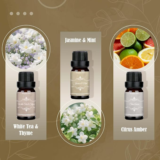 WUSEONY Hotel Diffuser Oils Gift Set, Aromatherapy Essential Oil Set, Luxury Hotel Scents for Diffuser for Home – White Tea & Thyme, Jasmine & Mint, Citrus Amber, Luxury Night, Dreamy Den, Urban Oasis