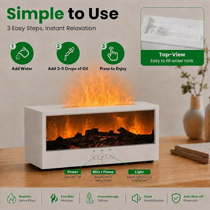 Fireplace Air Diffuser, Essential Oil Diffuser with 7-Color Flame Light, Ultrasonic Aroma Diffuser & Air Humidifier for Bedroom, Flame Diffuser with Remote Control Timer for Home Office Yoga(Black)