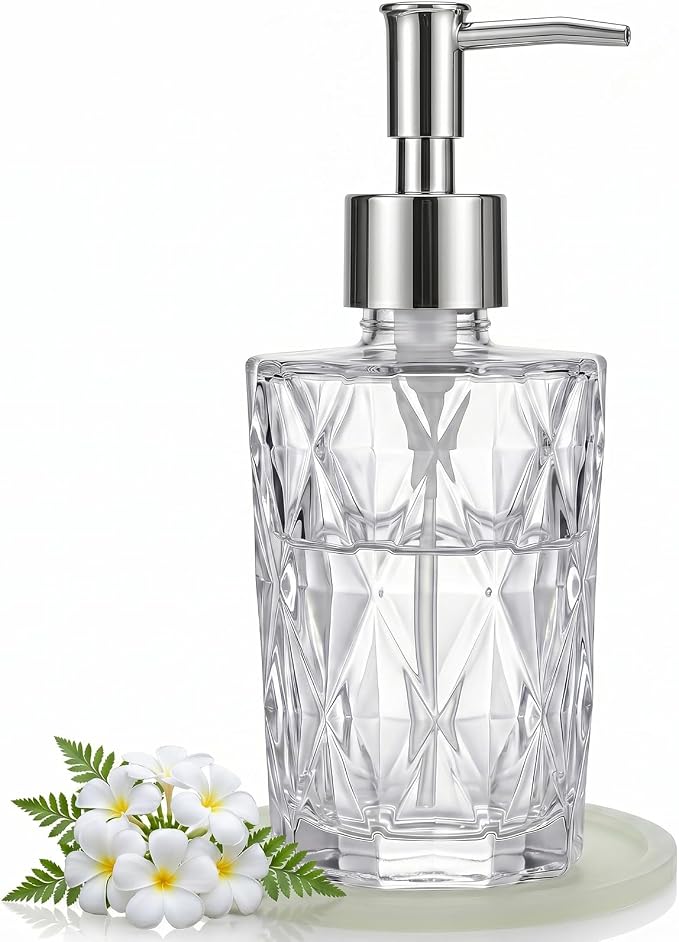Diamond Design Glass Soap Dispenser with Stainless Steel Pump, Modern Kitchen Soap Dispenser with Luminous Coaster for Countertop Hand Soap, Bathroom Liquid Lotion & Dish Soap 6.8 Oz, Clear