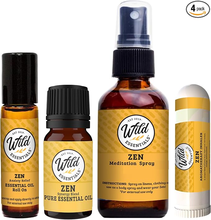 Zen Essential Oil Bundle – Relaxation & Meditation Blend | Oil, Roll-On, Spray & Inhaler | Wild Essentials Aromatherapy