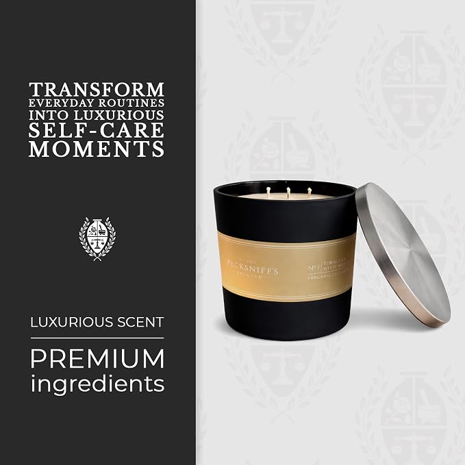 Pecksniff's Black Luxurious 3-Wick Tobacco & White Wood Scented Candle – 18.1 Oz/515g – with Metal Lid Relaxation and Elevated Home Ambiance
