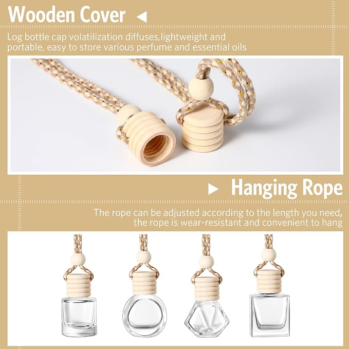 BOTO 100 Pcs Oil Air Freshener Diffuser with Wooden Cap Empty Essential Diffuser Aromatherapy Car Fresheners Clear Car Fragrance Holder Pendant Aesthetic Decor Hanging Perfume Bottle (Various Style)