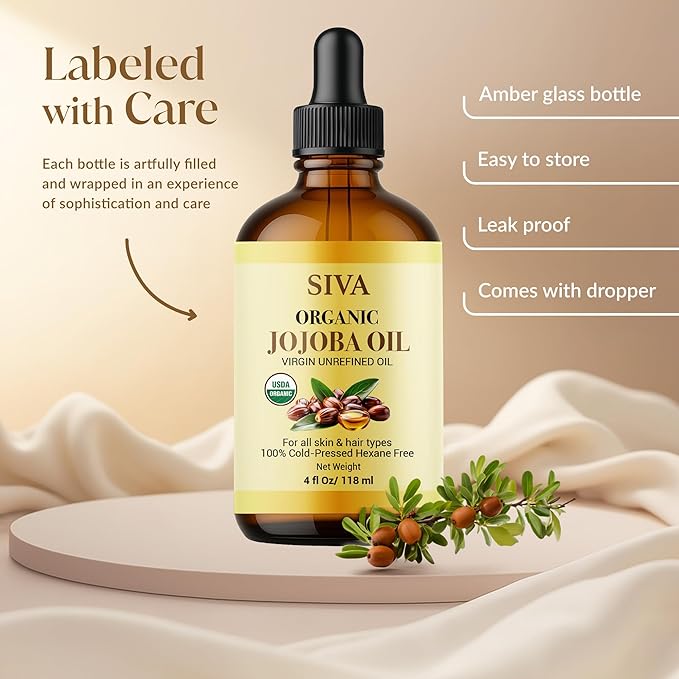 Siva Jojoba Organic Oil 4oz (118ml) Premium Cold-Pressed 100% Natural Organic Carrier Oil with Dropper for Face, Skin Care, Body Massage, Hair Care, Hair Oiling & Scalp Massage