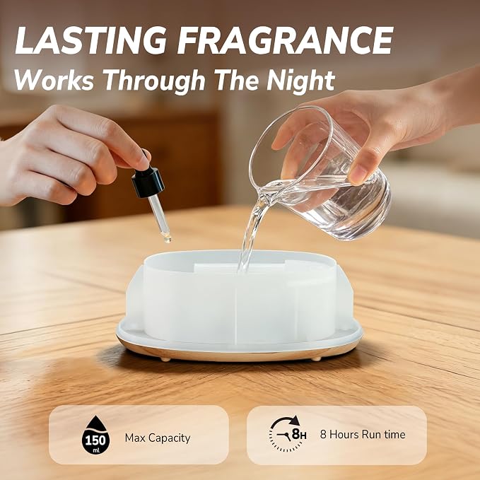 Flame Essential Oil Diffuser 150ml, Ultrasonic Aromatherapy Diffuser with 7 Color Lights, 1/2/4H Timer, Auto Shut-Off for Home Office Bedroom (Wood)