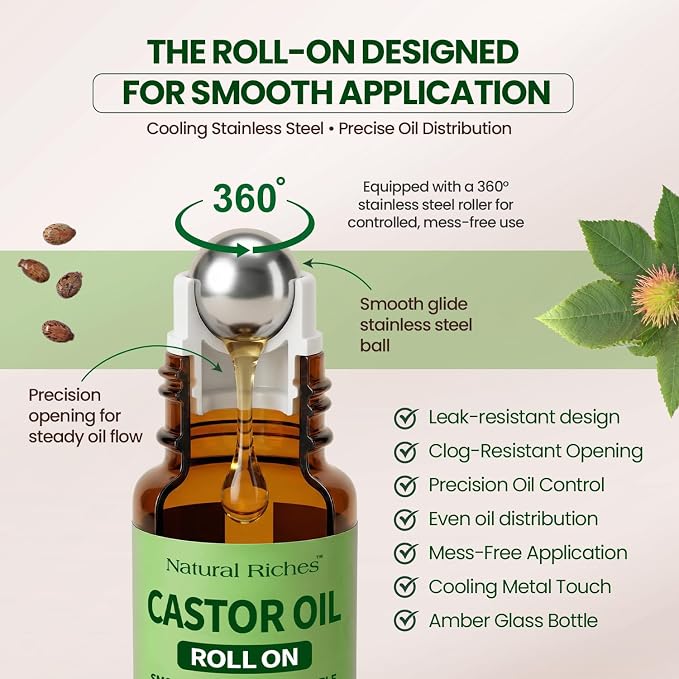 Natural Riches Organic Castor Oil Roll On - Cold Pressed, Hexane Free, 100% Pure Beauty Blend - 1 fl oz Glass Bottle with Roller Ball Applicator