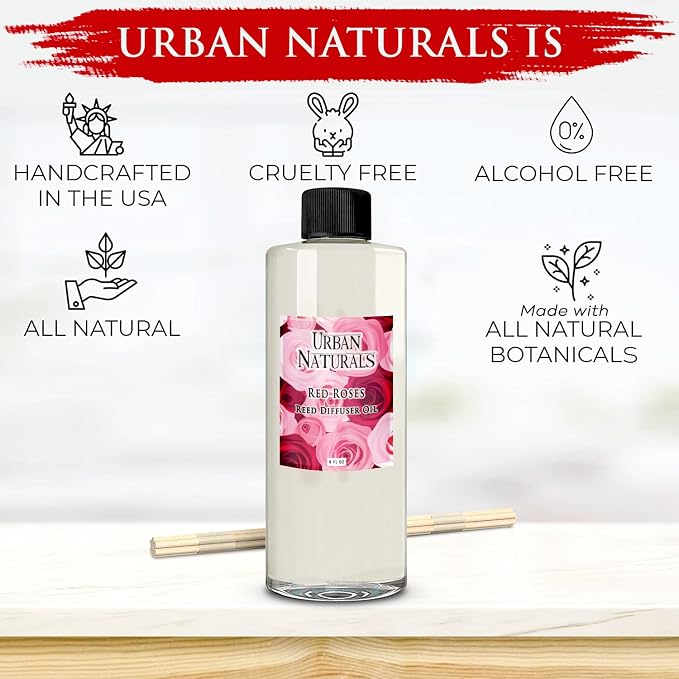 Urban Naturals Reed Diffuser Oil Refill Red Roses with White Peony, Cashmere Wood 8 oz + Free Reed Sticks, Made in the USA