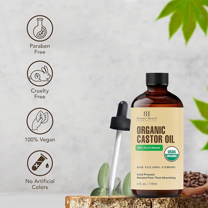 Botanic Hearth Castor Oil & Hair Treatment Oils 4 Fl oz| 100% Pure & Natural, Cold Pressed |For Hair, Eyelashes & Eyebrows | Hexane Free, Fast Absorbing | With Applicators & Dropper | All Hair Types