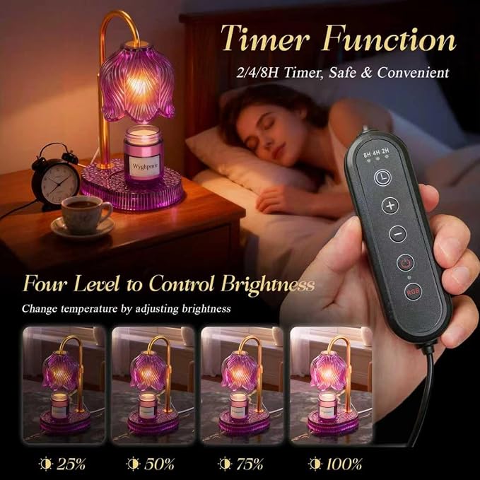 Candle Warmer Lamp with Adjustable Height - Flameless 4-Level Dimmable Wax Warmer, Timer Function & Stylish Design in Multiple Colors (Pink)
