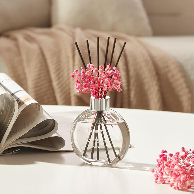 Flower Reed Diffuser Set 5.07oz White Peach & Oolong Scent Diffuser with Sticks Home Fragrance Reed Diffuser for Bathroom Shelf Decor