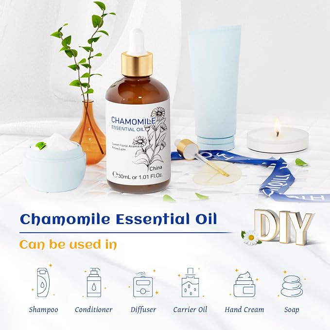 HIQILI 30ML Chamomile Essential Oil, Chamomile Oil for Diffuser, Skin, Soap, Shampoo - 1.01 Fl Oz