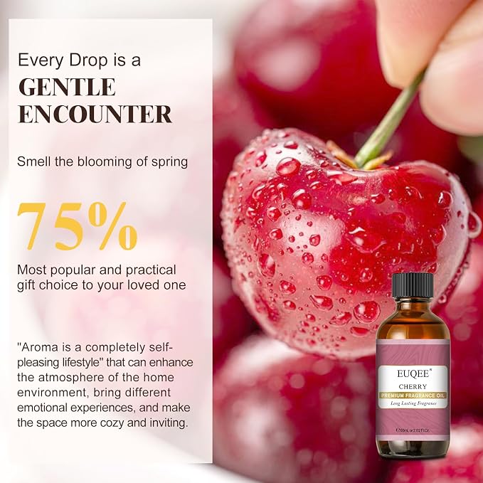 EUQEE 2.02 Fl oz Cherry Fragrance Oil, 60ml Premium Essential Oil with Glass Dropper for Diffusers, Candle & Soap Making