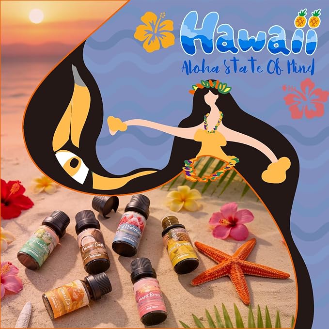 ARVIDSSON Hawaii Fragrance Oil Set, Summer Essential Oils for Diffuser, Tropical Scent Oils - Sunset Breeze, Coconut Coast, Gild Pineapple, Tropical Citrus, Iced Watermelon, Tanderine Mojito