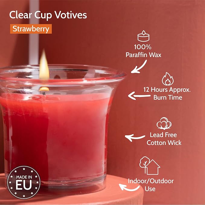 HYOOLA Clear Cup Scented Votive Candles - Strawberry - 12 Hour Burn Time - 4 Pack - European Made