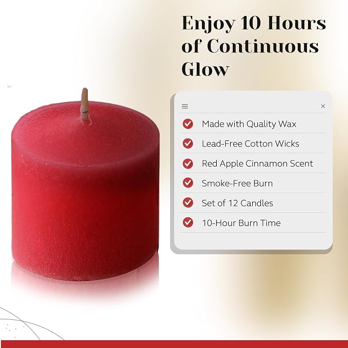 Red Apple Cinnamon Scented Votive Candles, Set of 12-1.25" Wax Candles for Home, Scented 10 Hour Burn Time - Aromatherapy, Spa Ambiance, Table Centerpieces & Home Décor