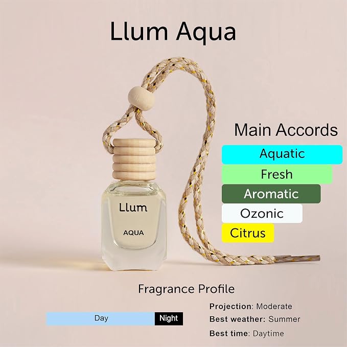Llum Aqua Hanging Car Air Freshener – Luxury Automotive Perfume Diffuser 10ml (0.34 fl oz), Long-Lasting Fragrance, Alcohol-Free Non-Toxic Car Scent, Glass Bottle With Wood Cap & AC Vent Clip