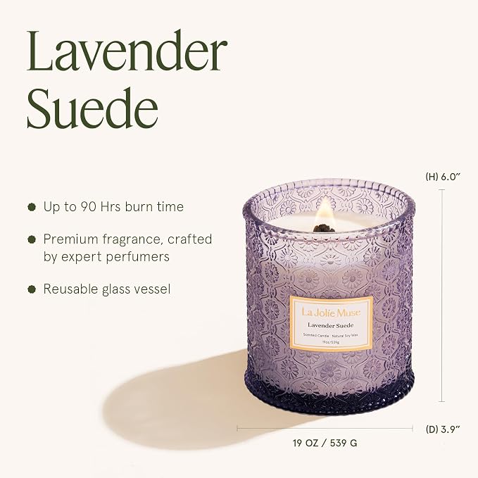 LA JOLIE MUSE Lavender Suede Scented Candles for Home,19 oz Natural Soy Wax | Large Jar Luxury Candle, Clean Non Toxic, Gift for Women & Men, Relaxing Aromatherapy, Decorative Purple Candles, Wood Wick