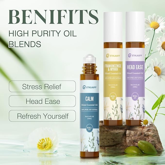Essential Oils Roll On Set 12 Pack -(Calm, Renew, Soothe, Dream, Head Ease, Frankincense & Myrrh) Relaxation Self Care Gifts,Aromatherapy Oil with Roller Ball - Stress Relief Gifts for Women and Men