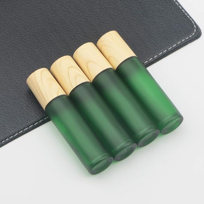 Kesell 10Pcs 10ml Colorful Frosted Glass Roller Bottles with Metal Roller Ball and Wood Grain Plastic Cap for Essential Oil Aromatherapy Perfume Cosmetic