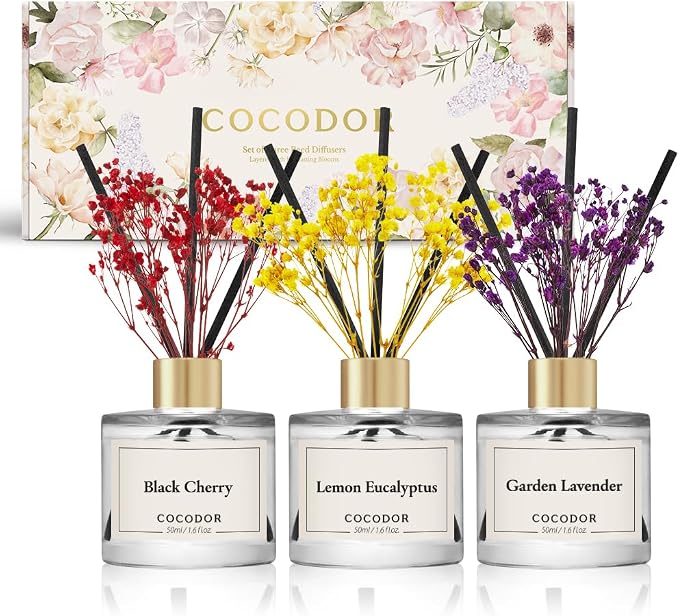 COCODOR Real Flower Reed Diffuser Set of 3/Black Cherry,Lemon Eucalyptus,Garden Lavender/1.6oz Each Pack/Home Fragrance Diffuser, Oil Scent Diffuser for Bathroom Shelf Decor