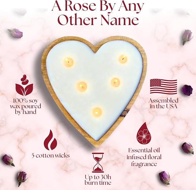 Dough Bowl Candle Co. Rose Candle - 10x10x2 Large Heart Shaped Scented Soy Candles for Women, Valentines Day Decor Gifts for Home, 5 Wick White Decorative Natural Aromatherapy, 30 Hour Burn Time