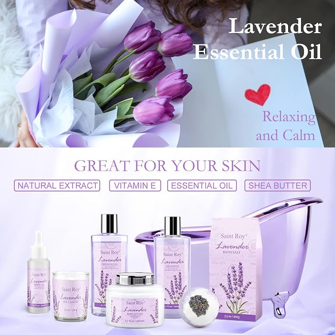 Spa Gift Basket Gifts for Women, Lavender Bath and Body Gift Basket, Spa Kit for Women, Self-Care Relaxation Set, Home Spa Gift Basket, Birthday, Christmas, Bath Spa Kit Woman gift, Anniversary