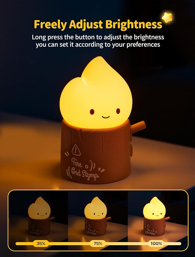 Stump Fire Night Light, Flameless Candles Lamp, Rechargeable Silicone Flame lamp, Portable Campfire Light, Cute Night Light for Bedroom, Outdoor, Camp, Funny Gifts for Kids Teens Adults