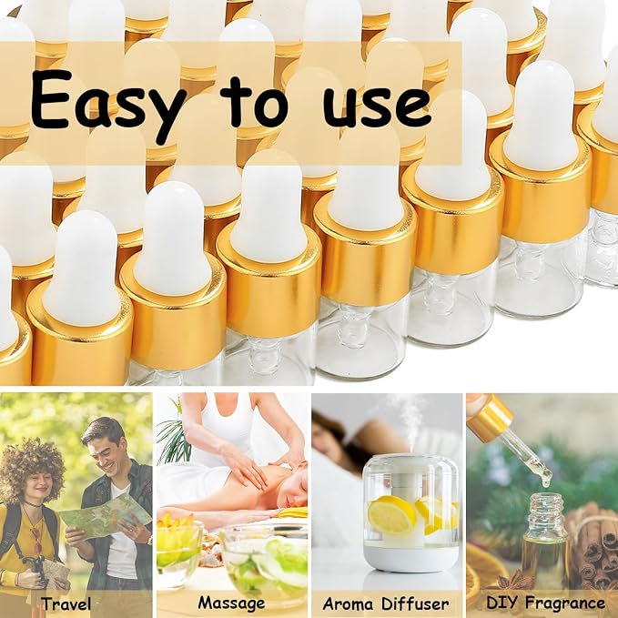 Mini Dropper Bottles 1ml – 100pcs Golden Collar Glass Sample Bottles with Droppers for Essential Oils, Cuticle Oil, Perfume, Travel, Small Business Use