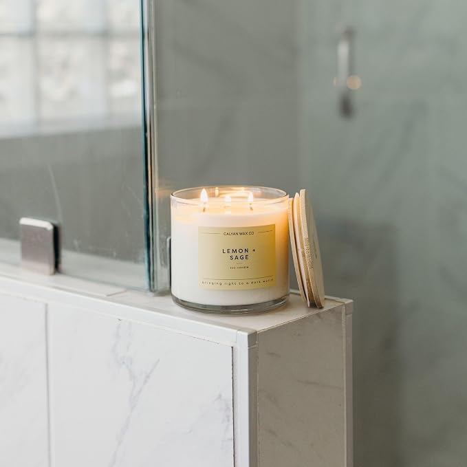 Calyan Wax Co. Lemon & Sage 3 Wick Scented Candle - 43 Hour Burn - Luxury 3 Wick Soy Candles - Soy Wax Candles - Long Lasting Large Glass Jar Candle for Home - 14.9oz
