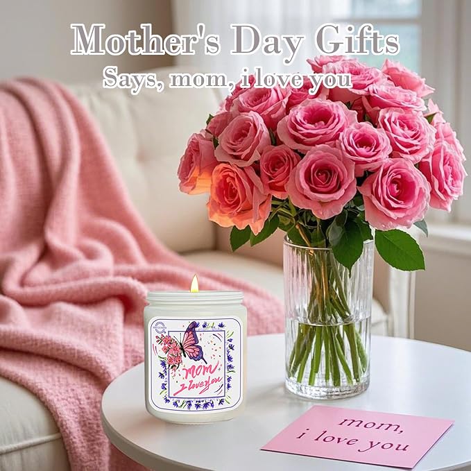Gifts for Mom, Rose Lily Scented Candles for Home Scented, Soy Wax Aromatherapy Candle, Non Toxic, 50 Hour Long Burning, Birthday, Thanksgiving, Mothers Day Gifts (Mom I Love You, Pink)